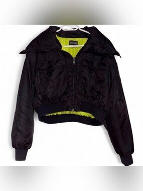 Current Mood Black Cropped Bomber Jacket with Neon Green Lining